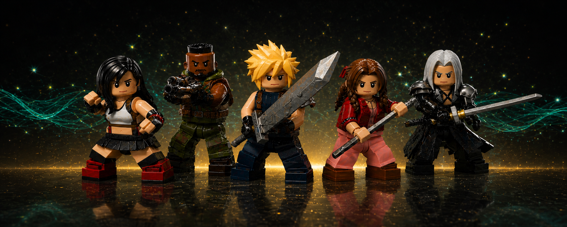 Five action figure toys standing in a row against a dark background with glowing effects. Ready for battle!