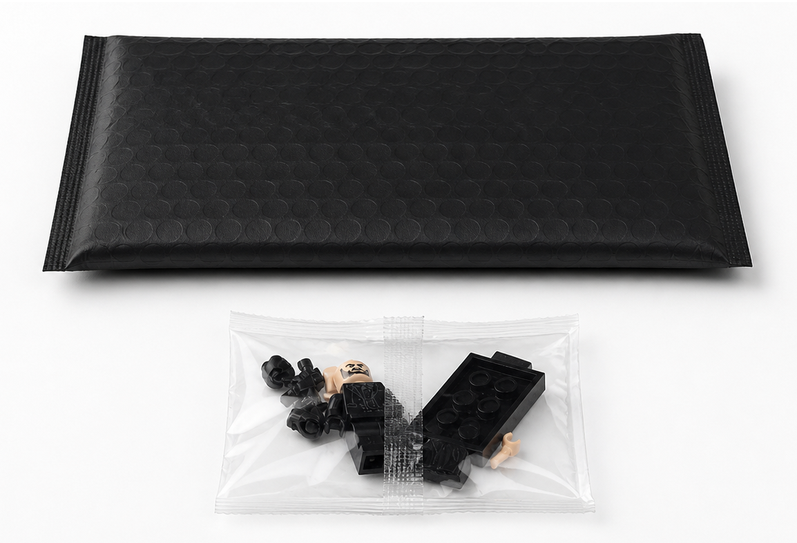 Minifigure in a sealed plastic bag next to a padded envelope