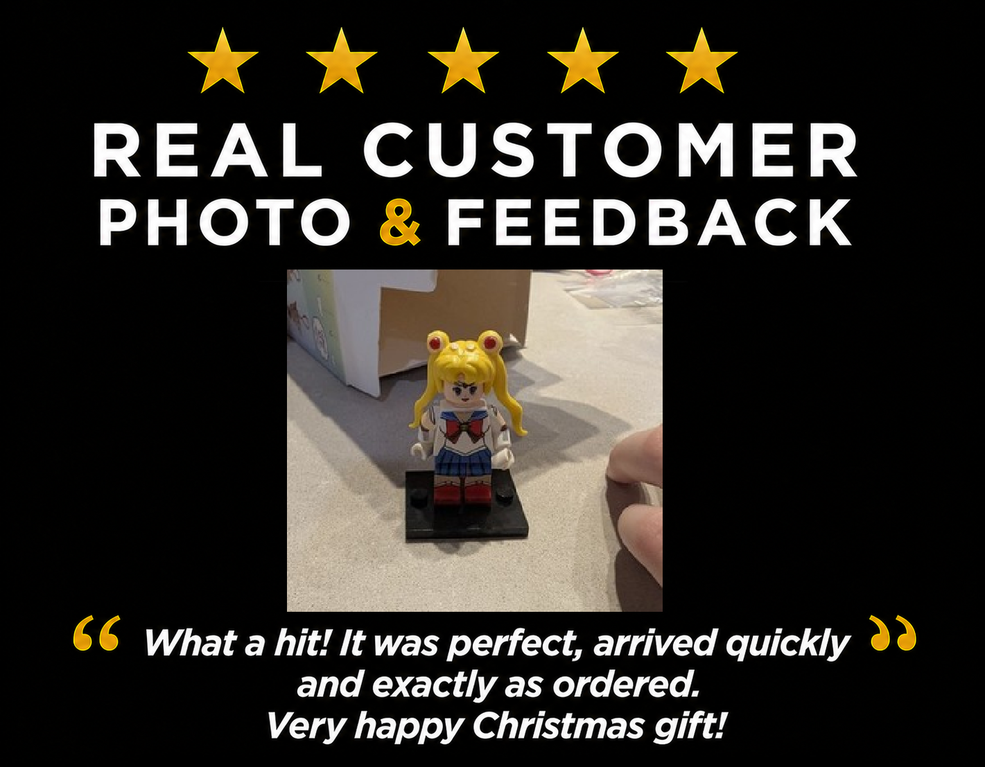 Toy figure with text overlay about customer feedback and product details. customer said "what a hit! it was perfect, arrived quickly and exactly as ordered. very happy christmas gift!"