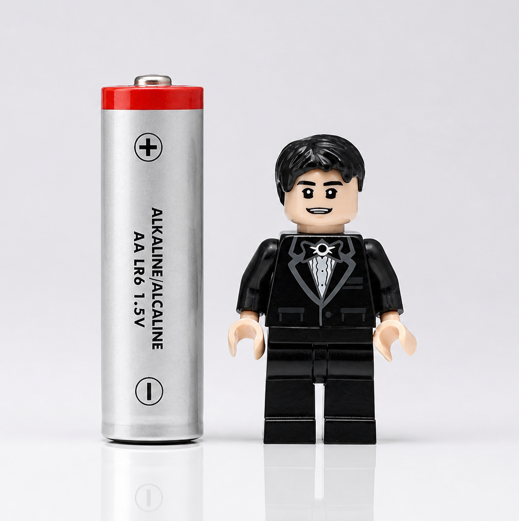 size comparison of a minifigure with a AA battery. The minifigure is a little shorter than the battery.